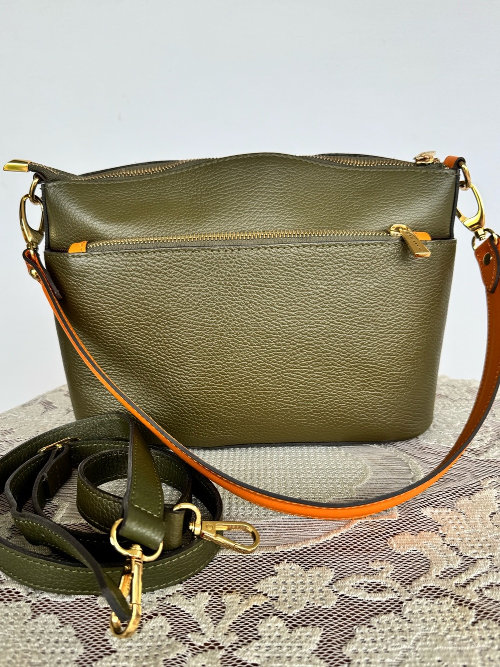 Italian Made Olive Green Pebbled Leather Crossbody with Interchangeable Straps